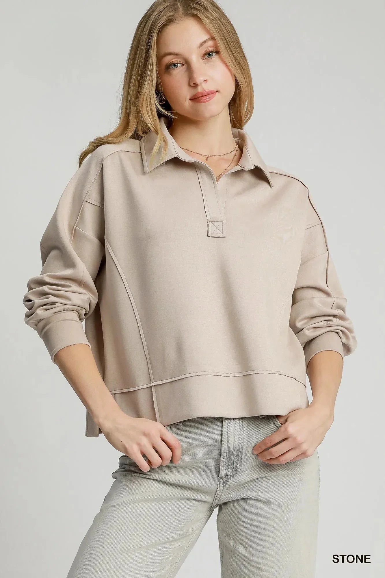 Umgee Exposed Seam Long Sleeve Polo Top with Side Slit - VILLA FASHION